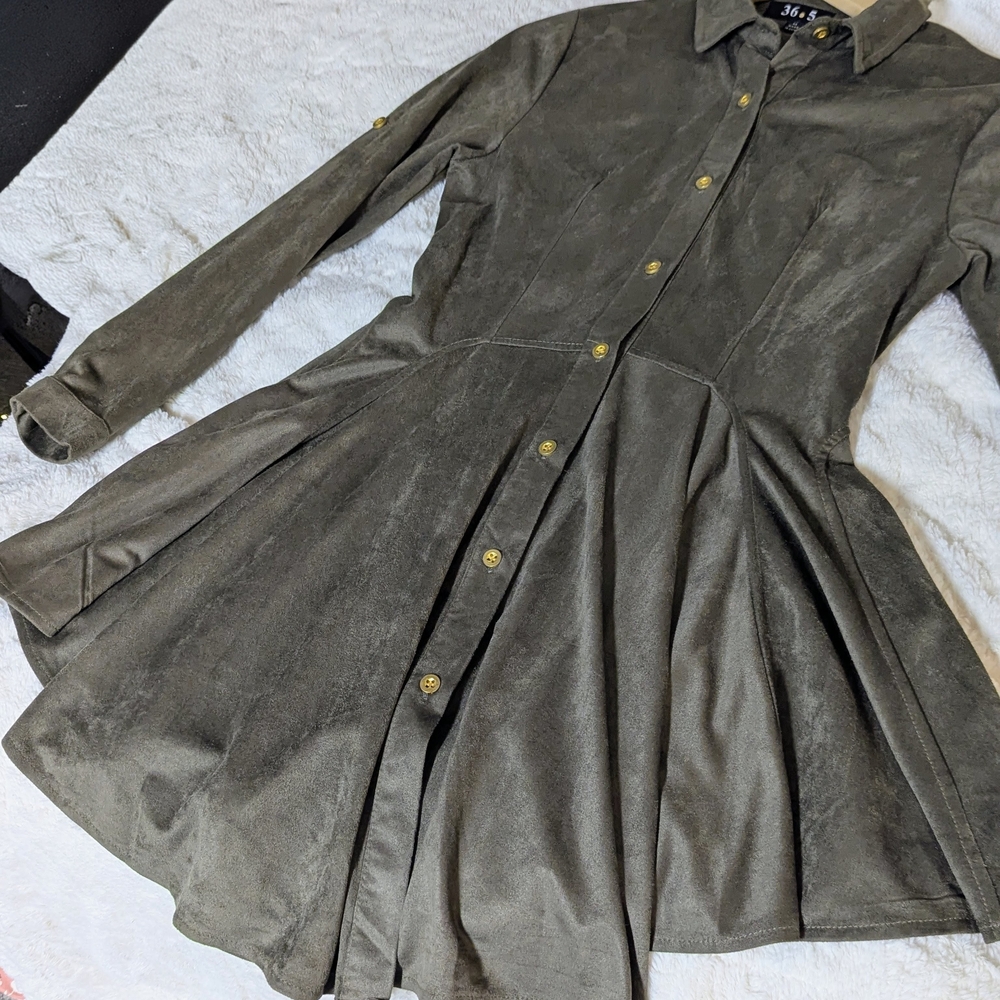 Women's Olive Green Button-Front Flared Suede Shirt Dress - Picture 13 of 14